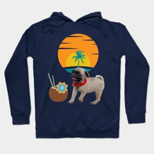 Tiny dog , coco drink and palm tree on sunset background . Hoodie